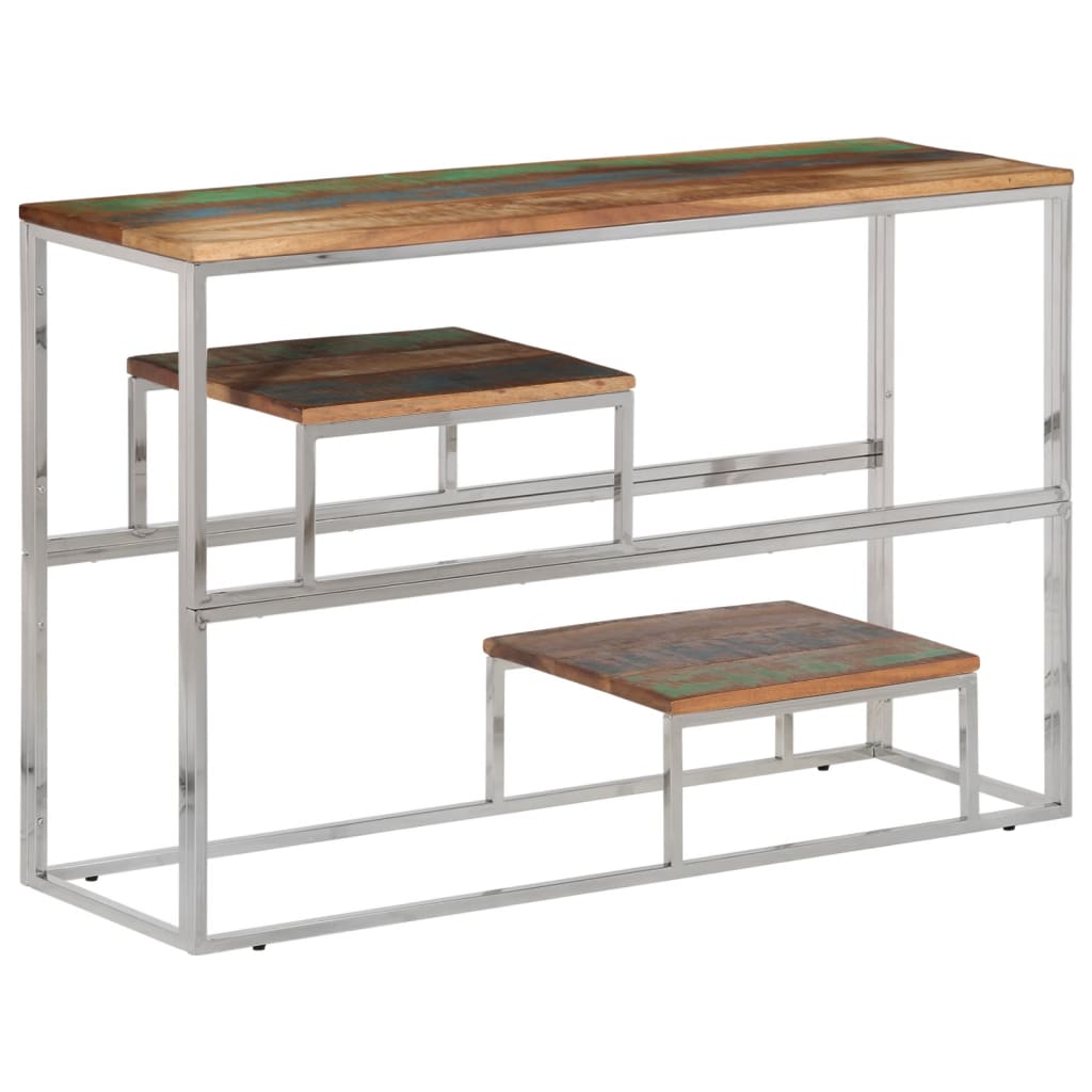 Table console argenté inox et bois de récupération massif