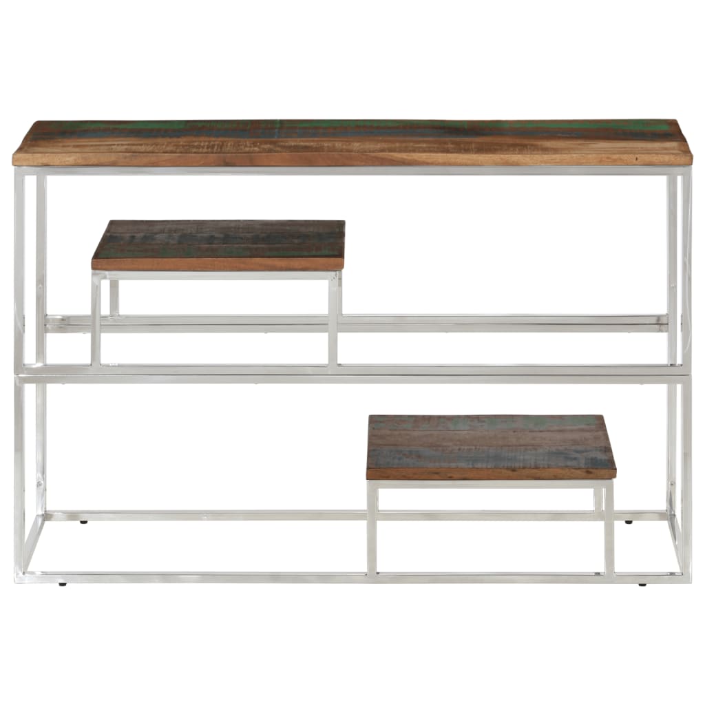 Silver console table in stainless steel and solid reclaimed wood