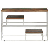 Silver console table in stainless steel and solid reclaimed wood