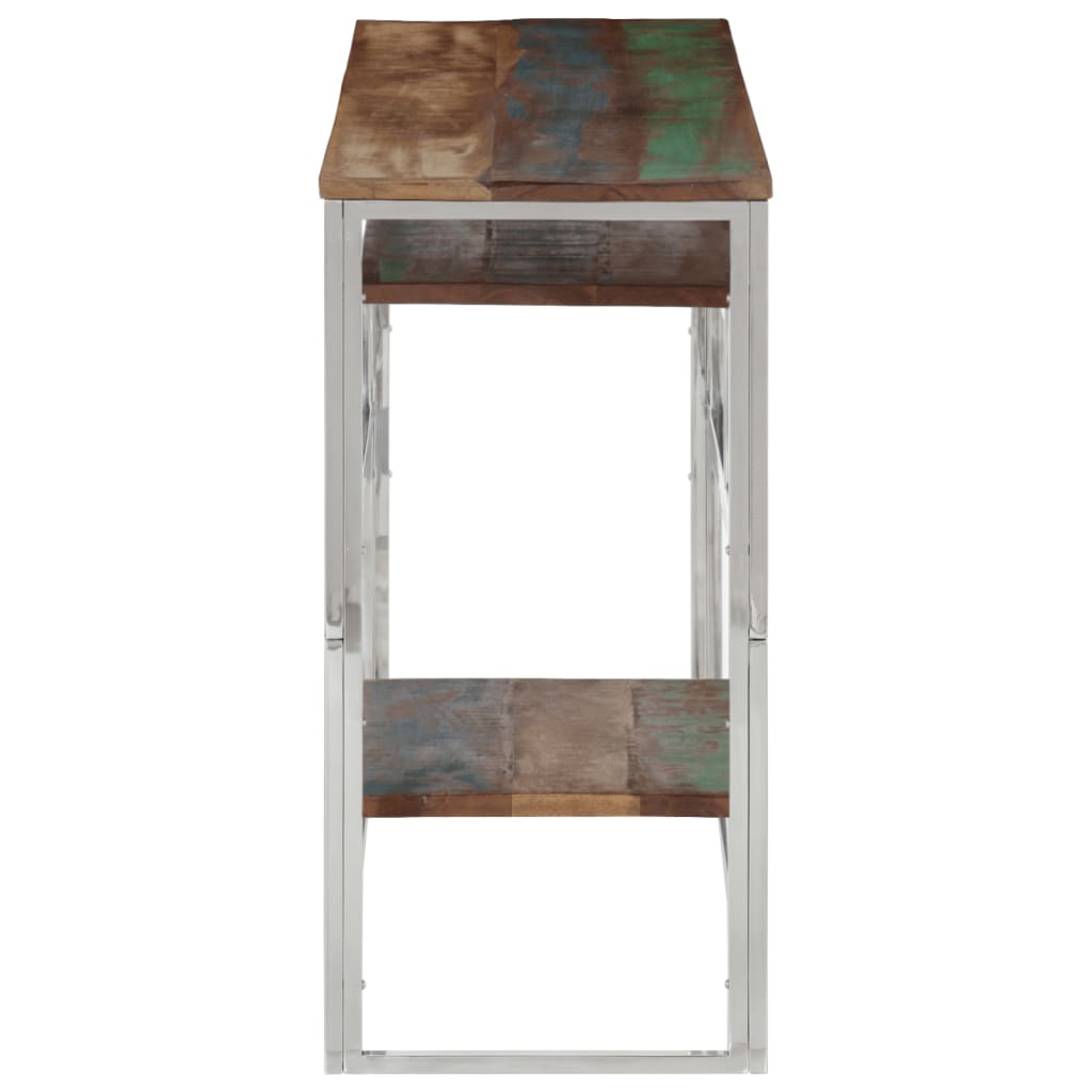 Silver console table in stainless steel and solid reclaimed wood