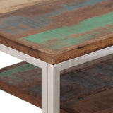 Silver console table in stainless steel and solid reclaimed wood