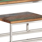 Silver console table in stainless steel and solid reclaimed wood