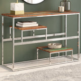 Silver console table in stainless steel and solid reclaimed wood