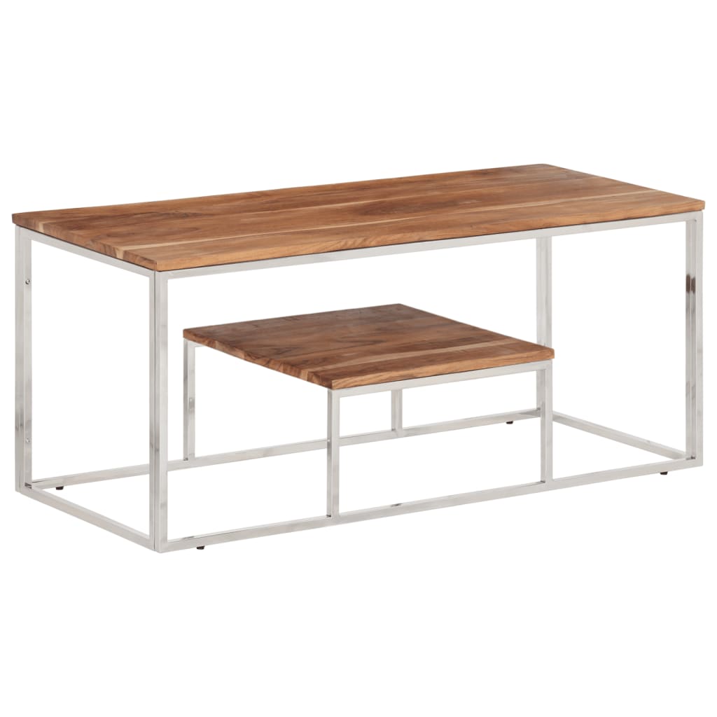 Silver coffee table stainless steel and solid acacia wood