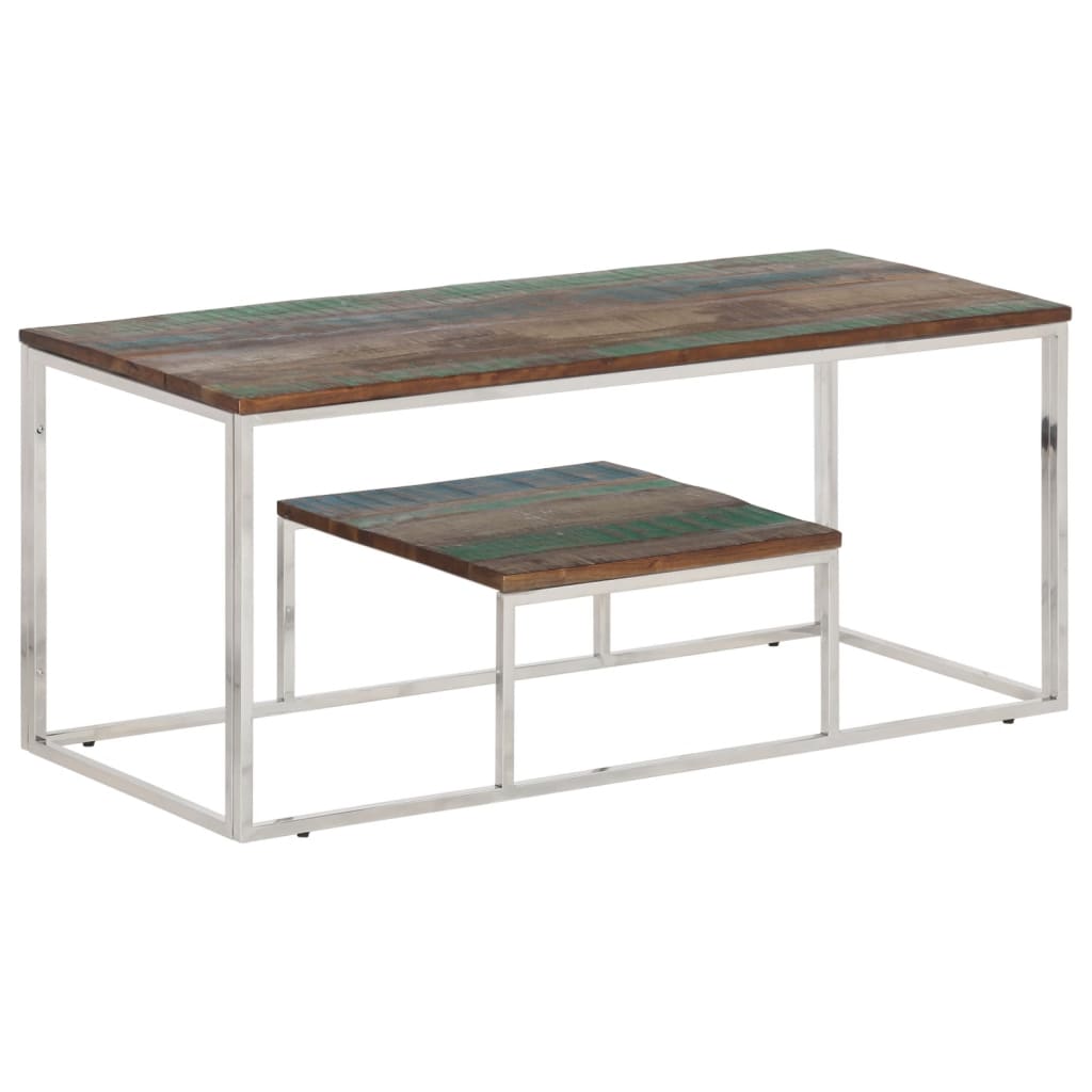 Table basse argenté acier inoxydable/bois massif récupération