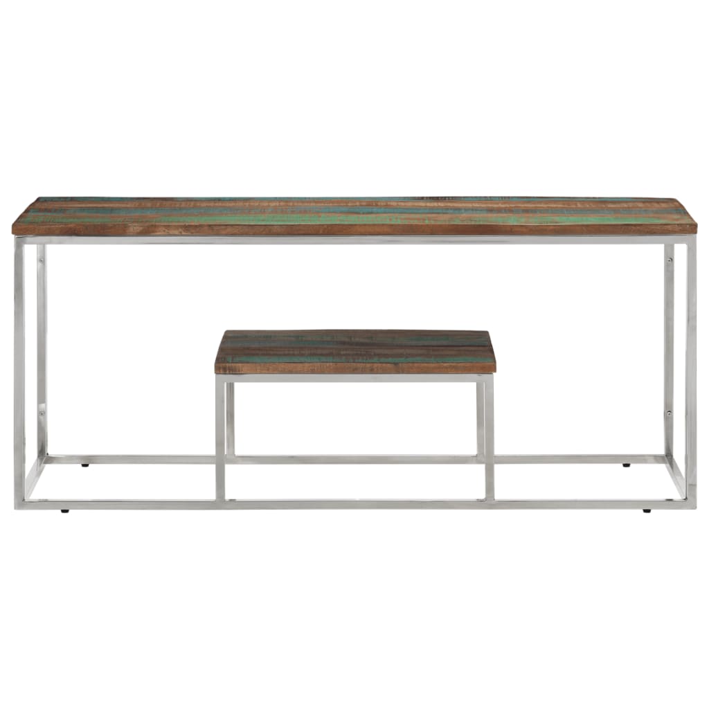 Table basse argenté acier inoxydable/bois massif récupération