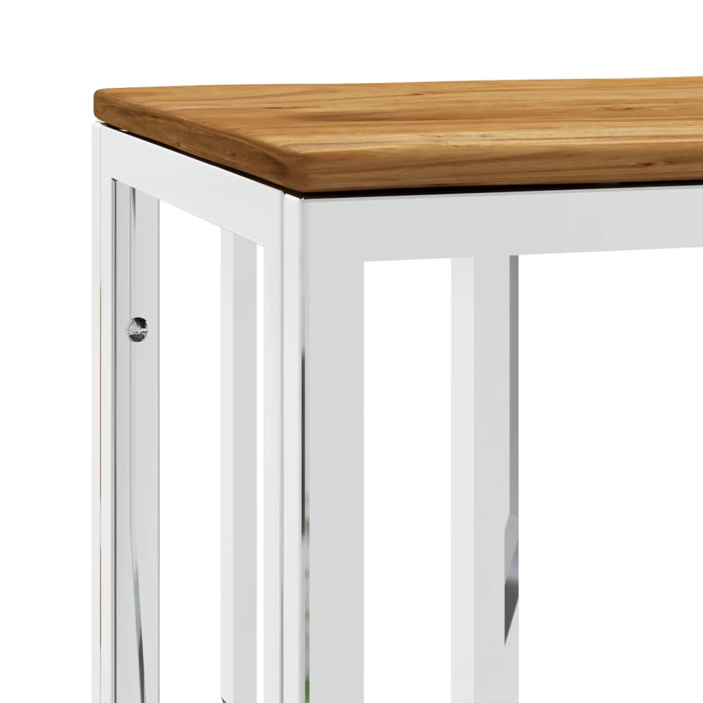 Silver console table stainless steel and solid acacia wood