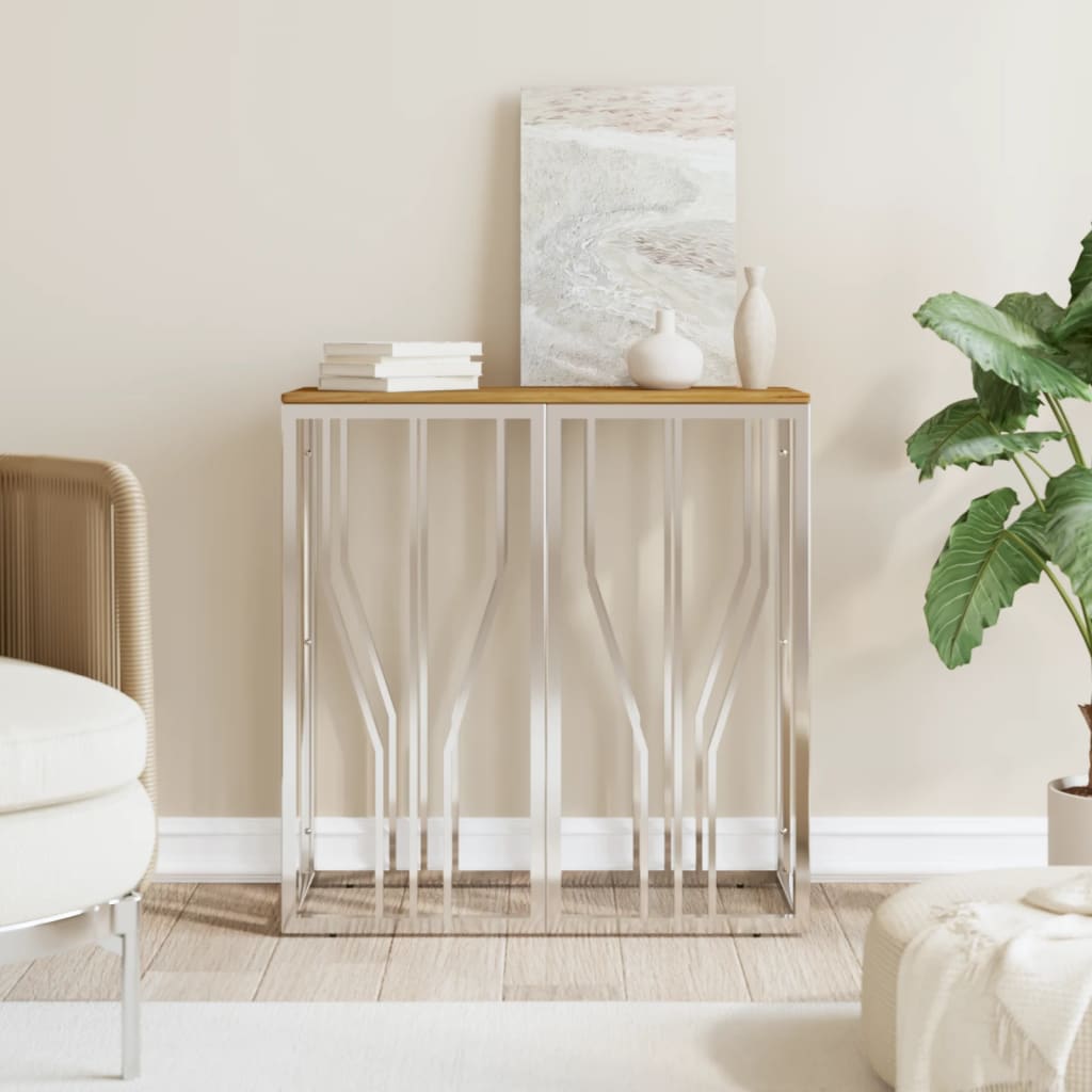 Silver console table stainless steel and solid acacia wood