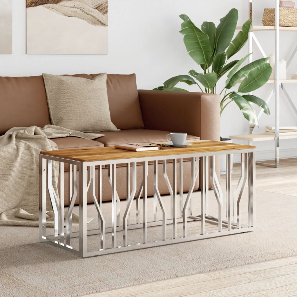 Table basse argenté acier inoxydable et bois massif d'acacia