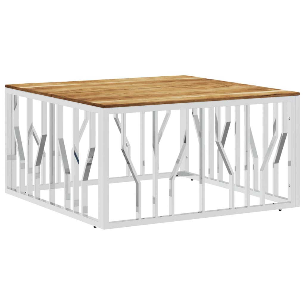 Silver coffee table stainless steel and solid acacia wood