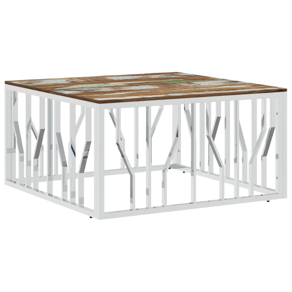 Table basse argenté acier inoxydable/bois massif récupération