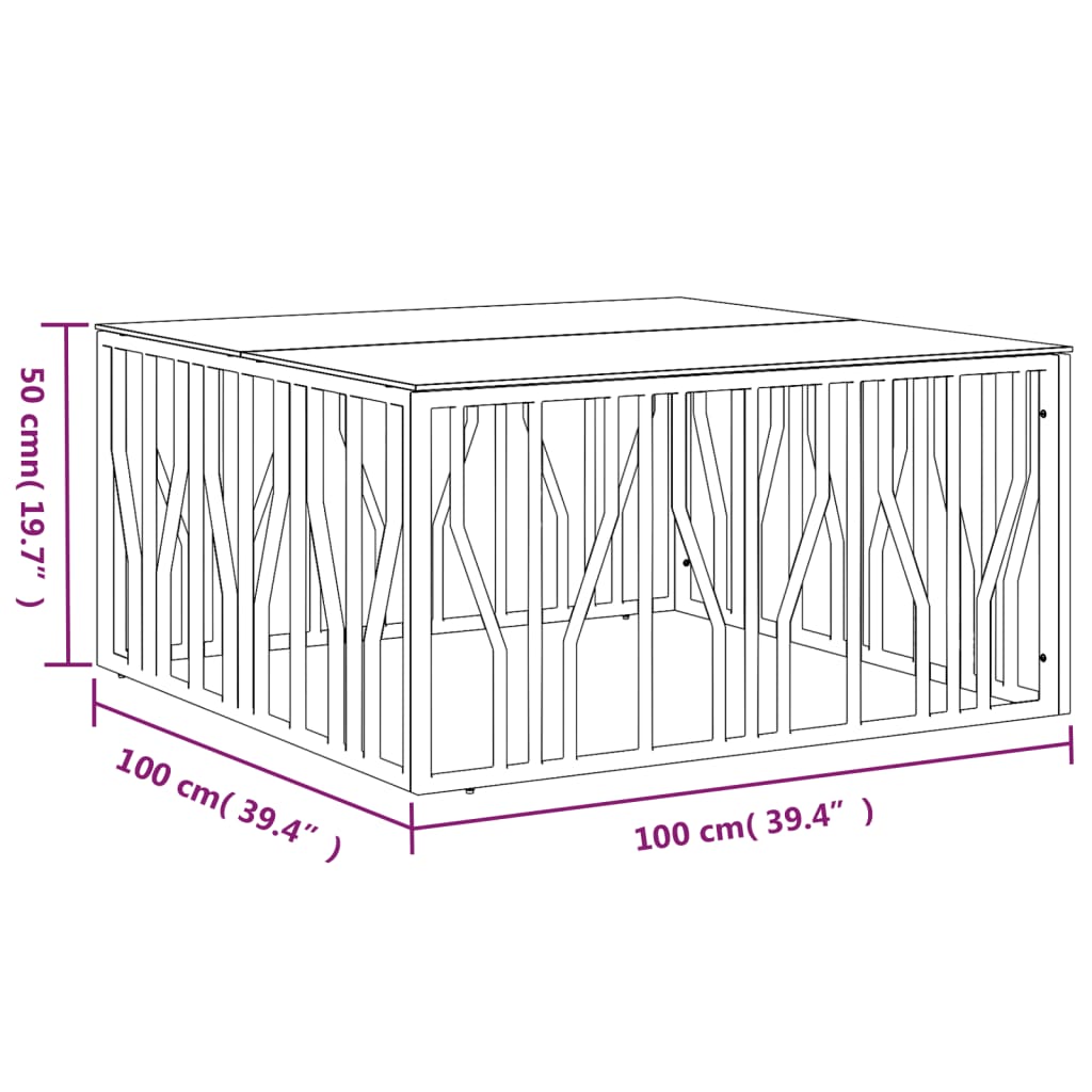 Table basse 100x100x50 cm acier inoxydable et verre