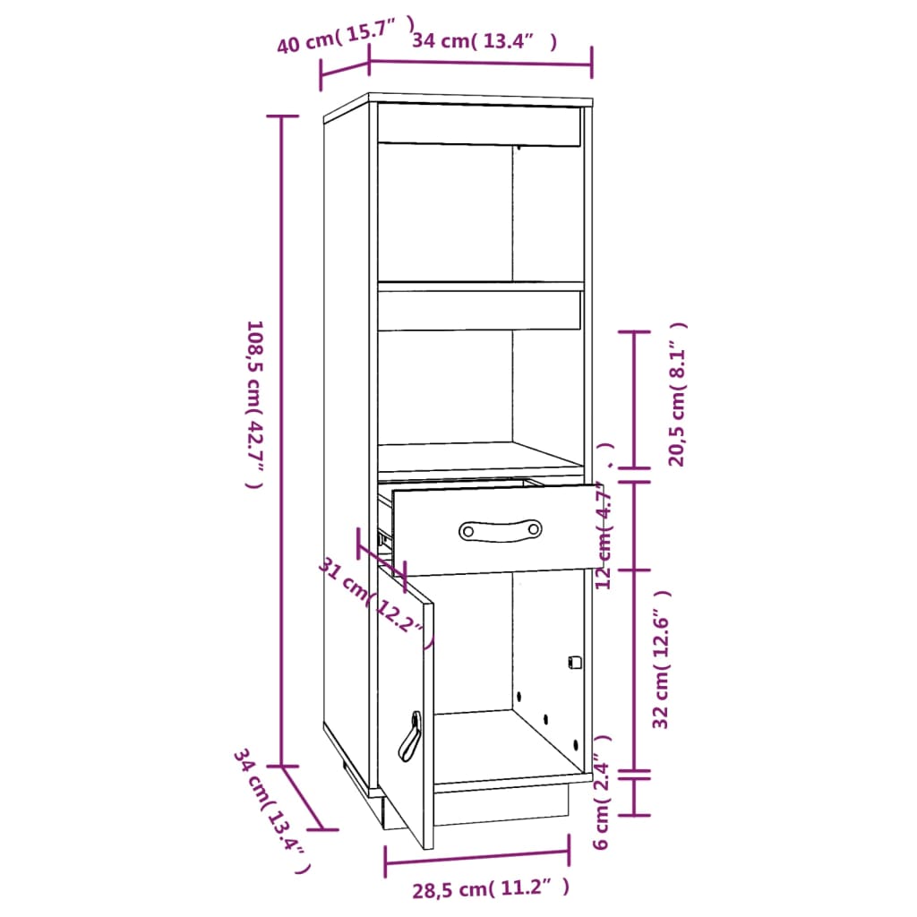 Buffet haut Marron miel 34x40x108,5 cm Bois massif de pin