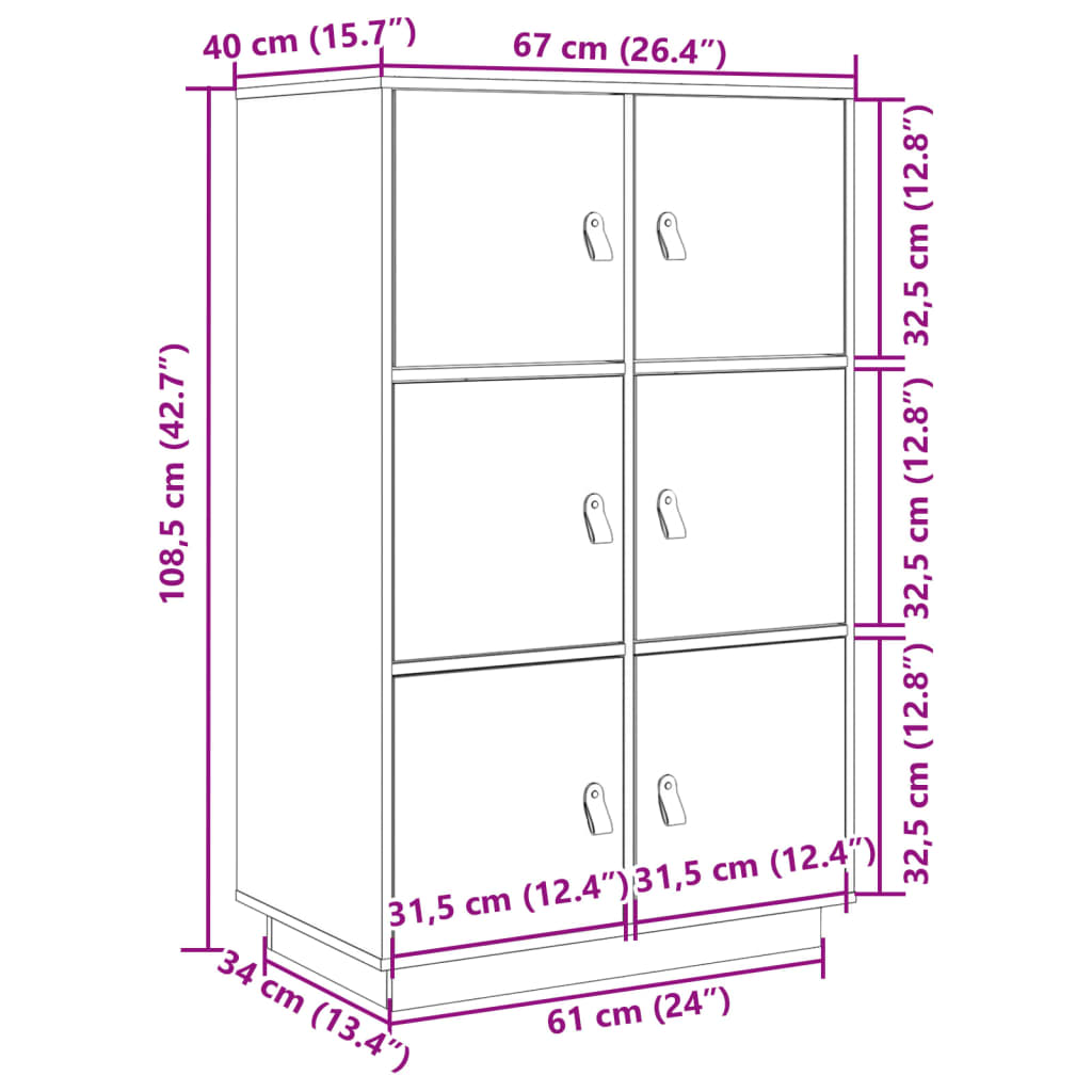 Buffet haut Noir 67x40x108,5 cm Bois massif de pin