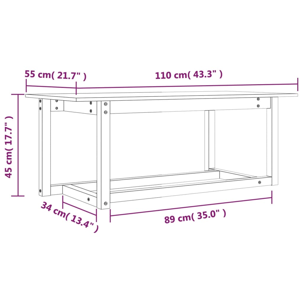 Couchtisch Weiß 110x55x45 cm Massives Kiefernholz