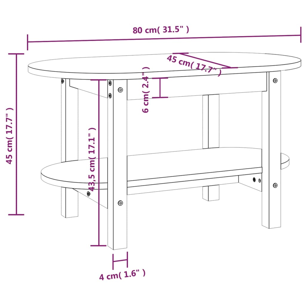 Couchtisch Grau 80x45x45 cm Massives Kiefernholz