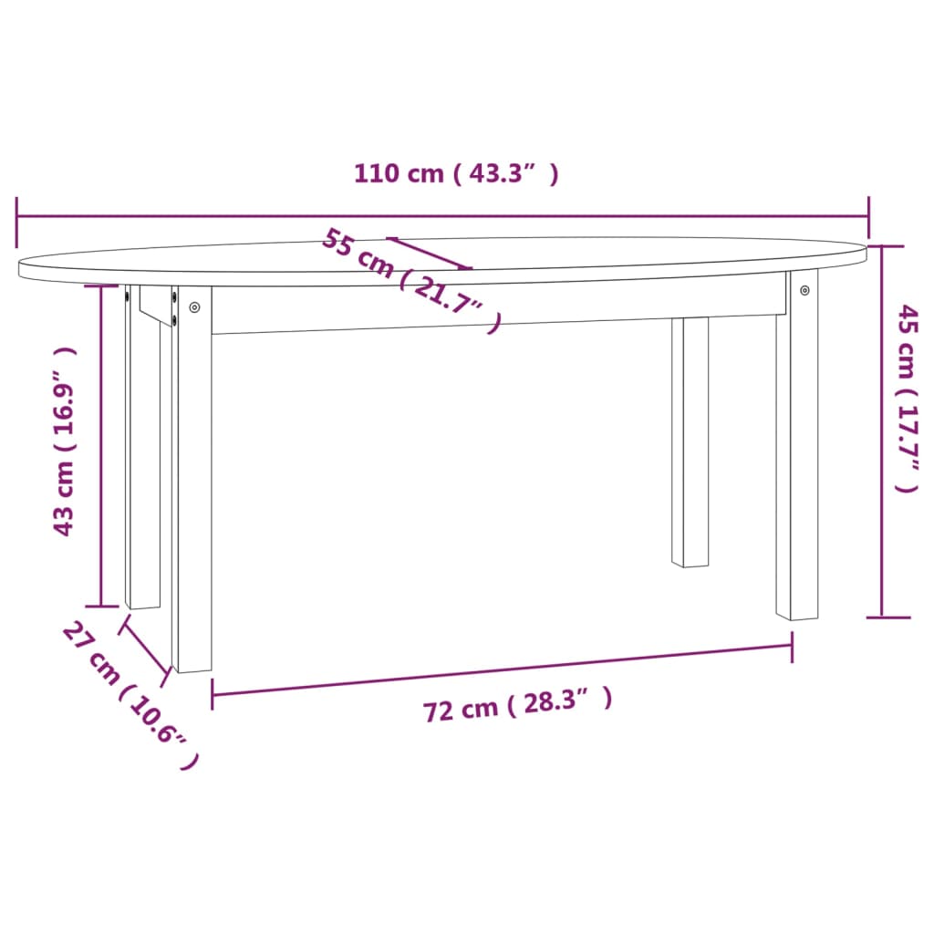 Couchtisch Weiß 110x55x45 cm Massives Kiefernholz