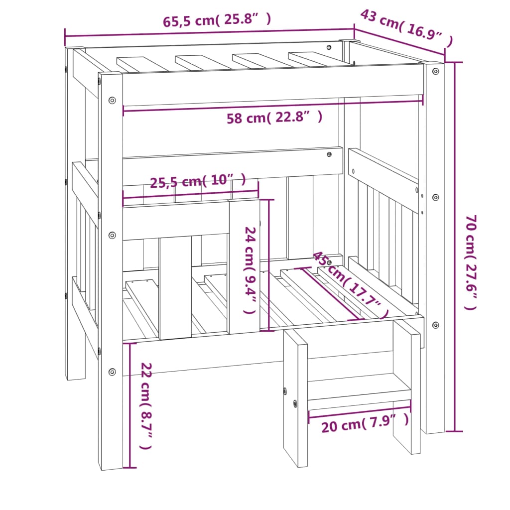 vidaXL Hundebett 65,5 x 43 x 70 cm, massives Kiefernholz