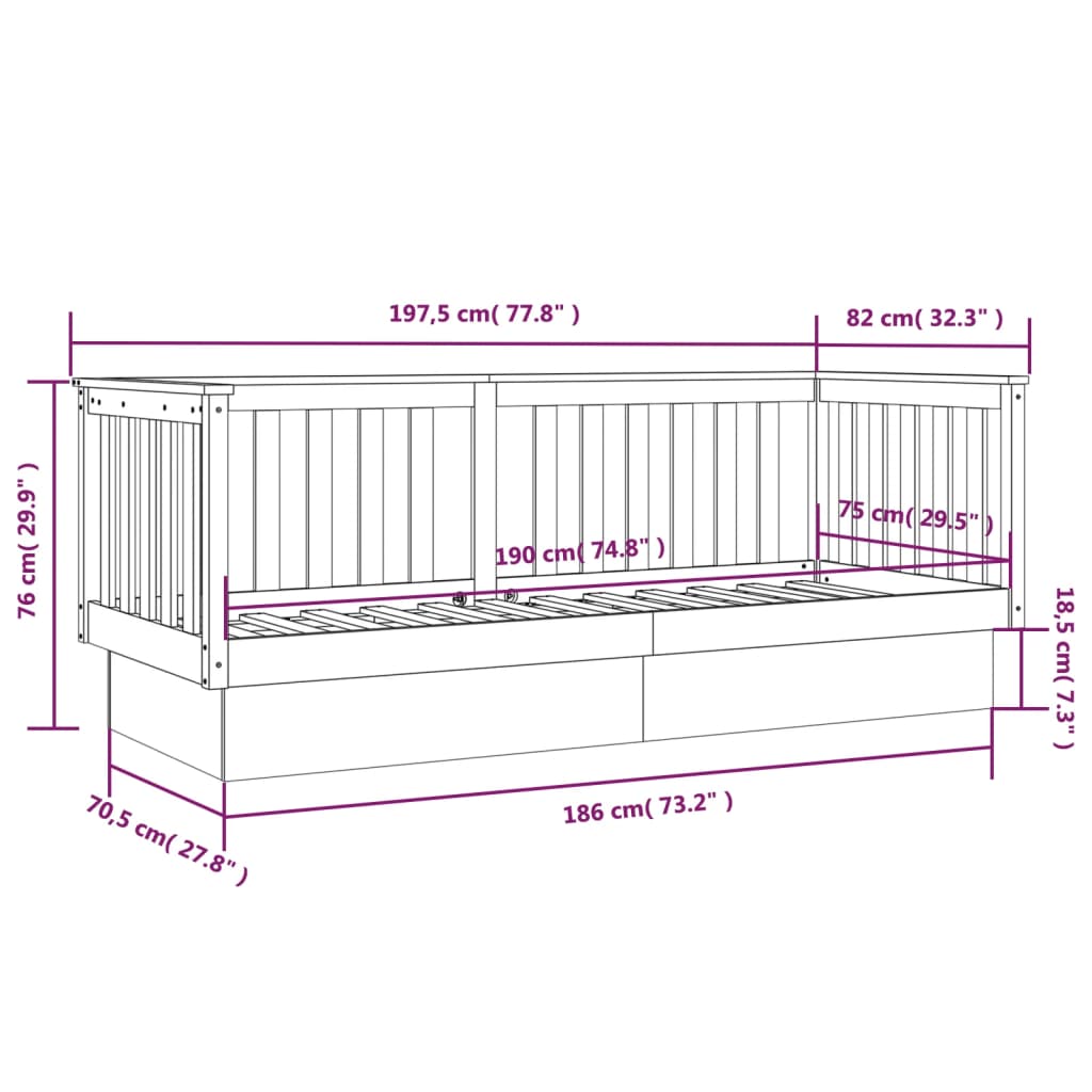 Tagesbett ohne Matratze grau 75x190 cm aus massivem Kiefernholz