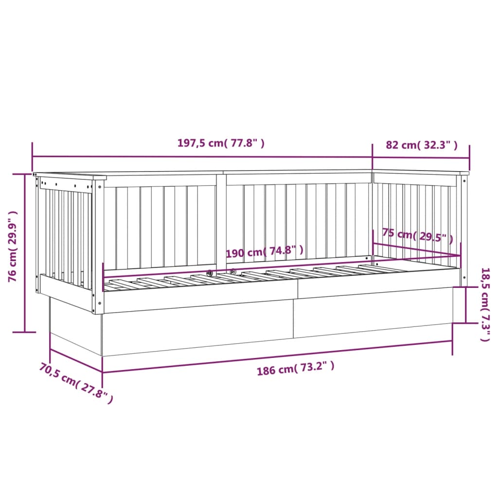 Lit de jour sans matelas noir 75x190 cm bois de pin massif