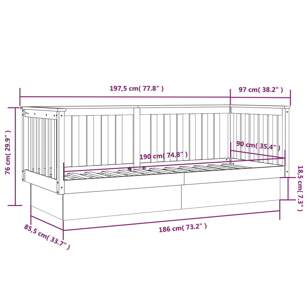 Tagesbett ohne Matratze grau 90x190 cm aus massivem Kiefernholz