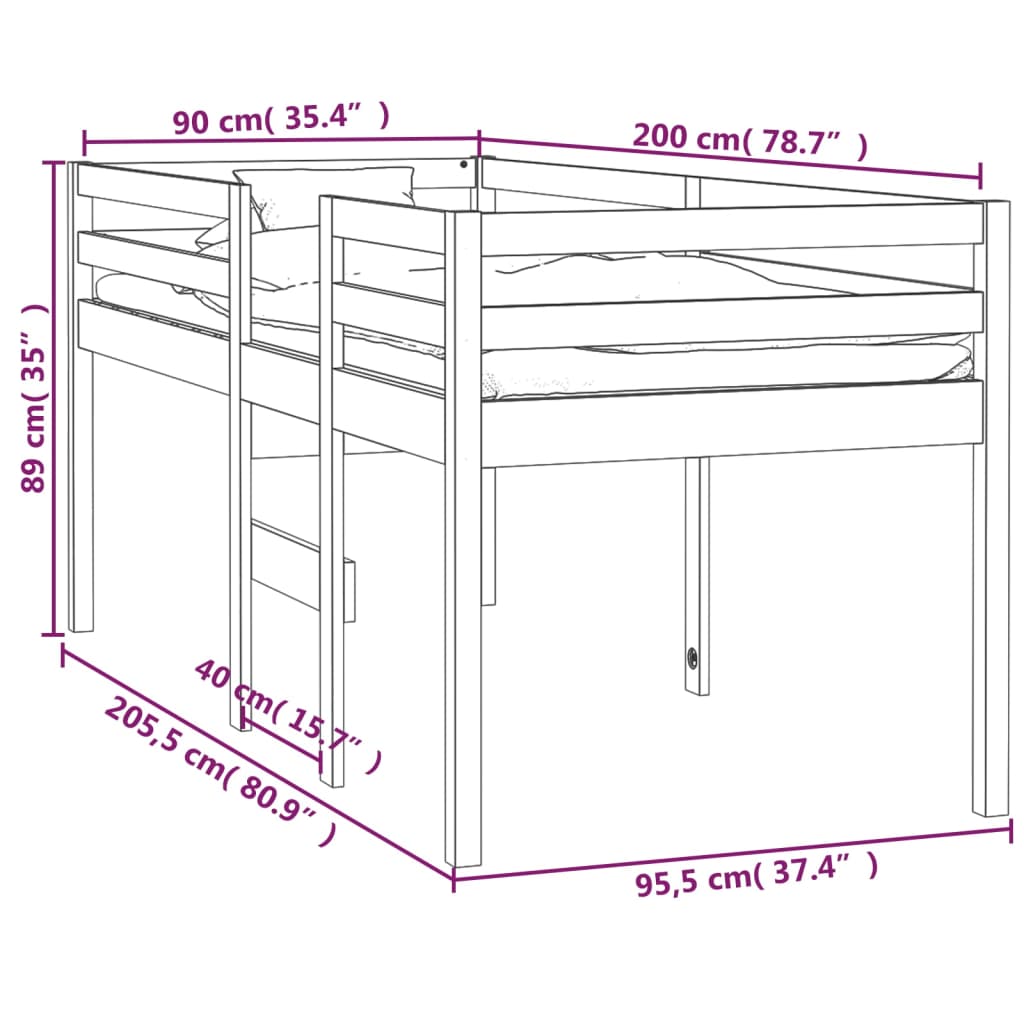 Hochbett ohne Matratze 90x200 cm aus massivem Kiefernholz