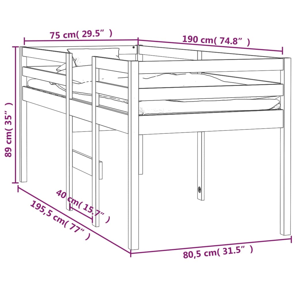 Lit haut sans matelas 75x190 cm bois de pin massif