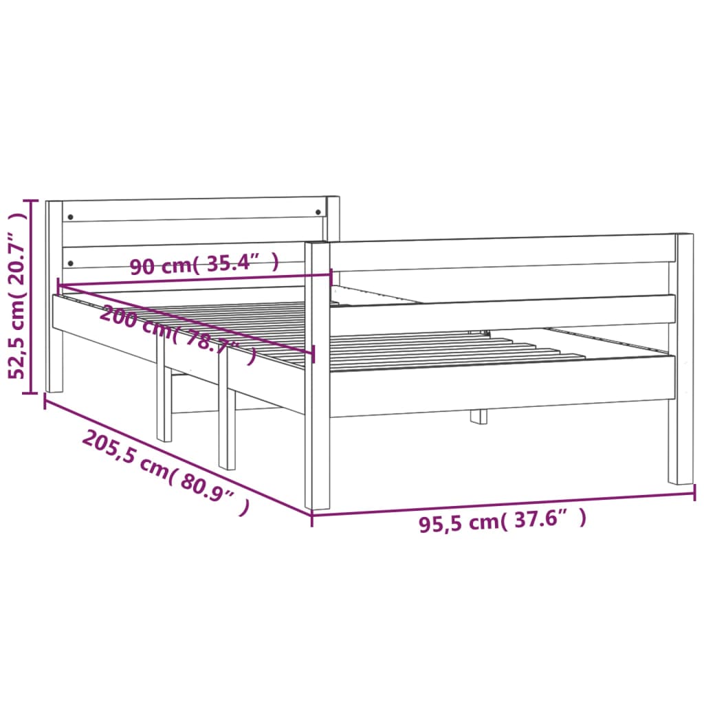 Bettgestell ohne weiße Matratze 90x200 cm aus massivem Kiefernholz