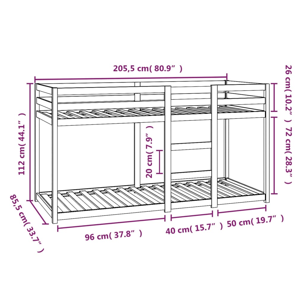 Lit superposé sans matelas 80x200 cm bois de pin massif