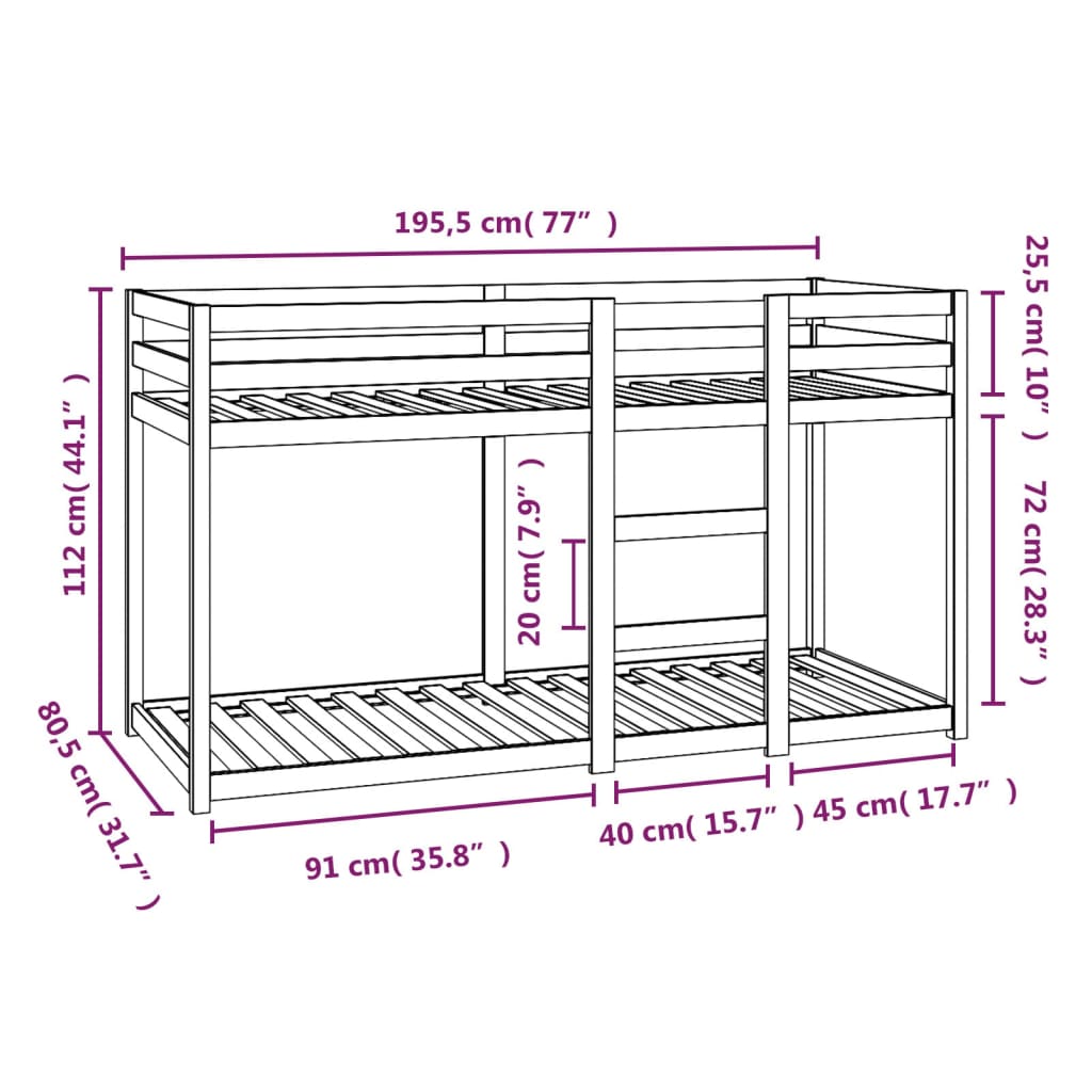 Lit superposé sans matelas 75x190 cm bois de pin massif