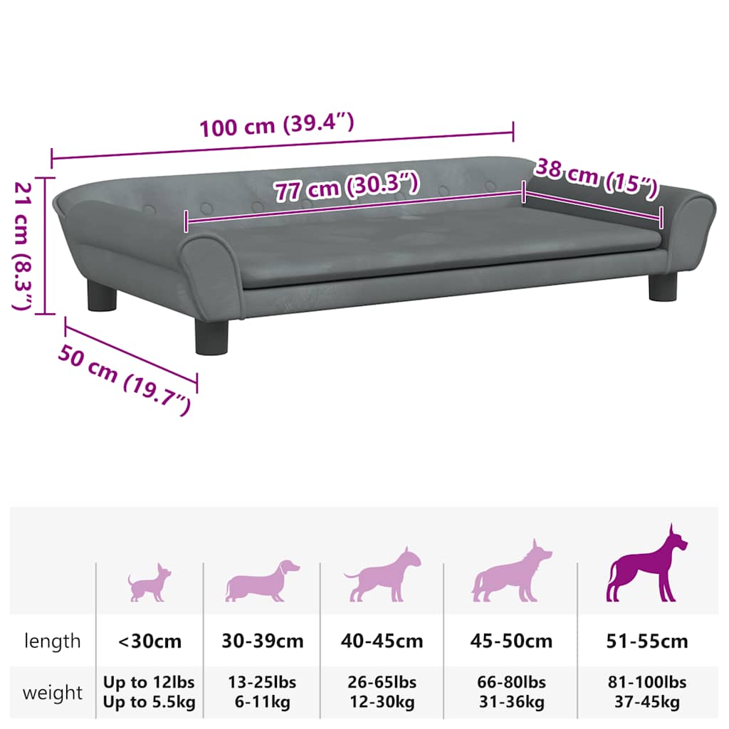 Dunkelgraues Hundebett 100x50x21 cm aus Samt