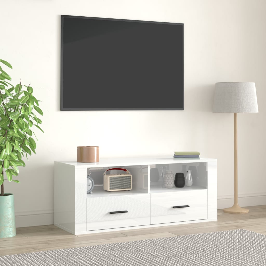 Meuble TV Blanc brillant 100x35x40 cm Bois d'ingénierie