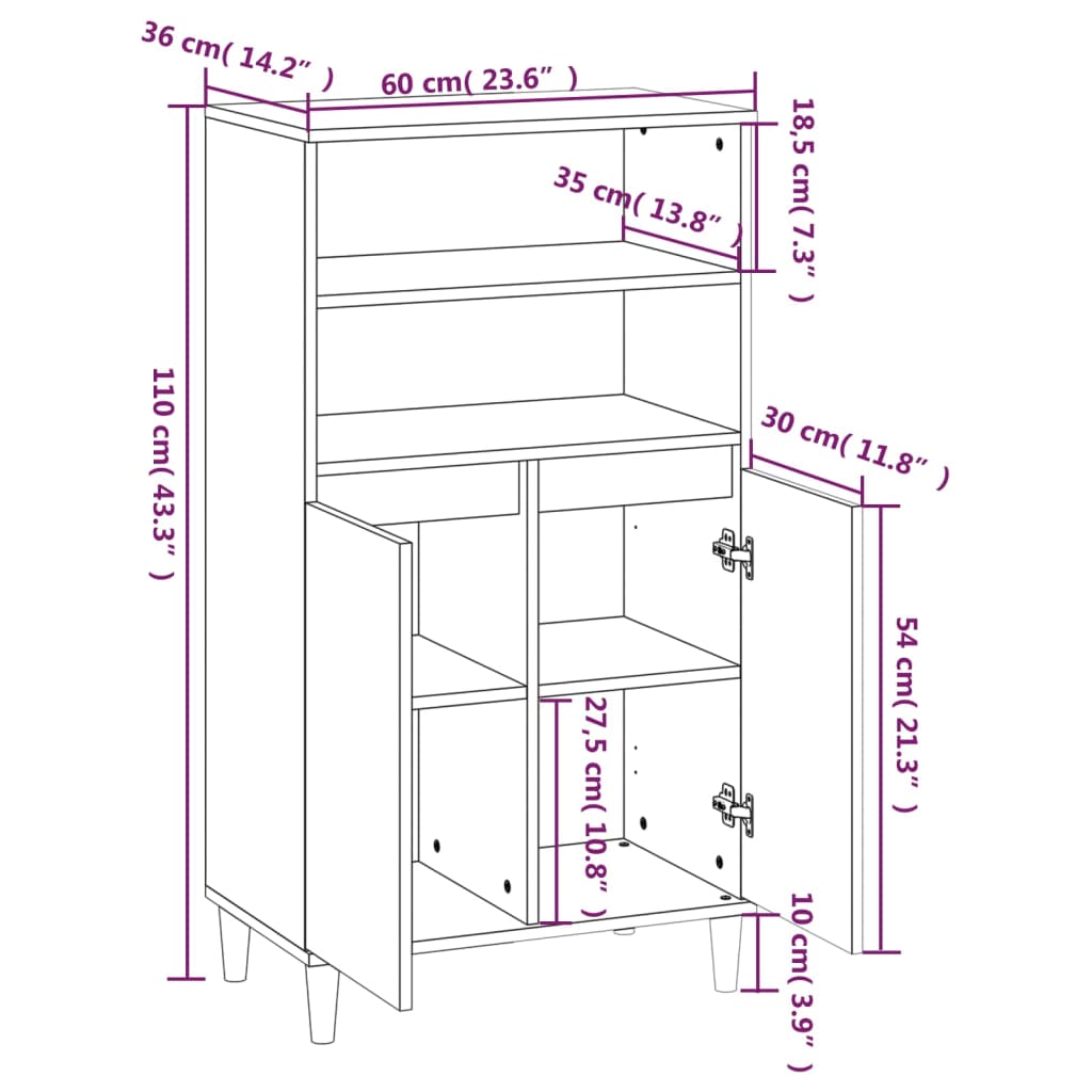 Hohes Sideboard Räuchereiche 60x36x110 cm Holzwerkstoff