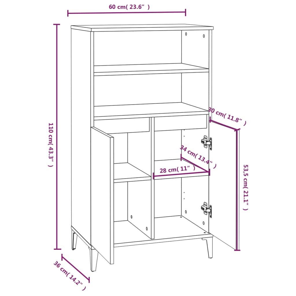 Buffet haut Sonoma gris 60x36x110 cm Bois d'ingénierie