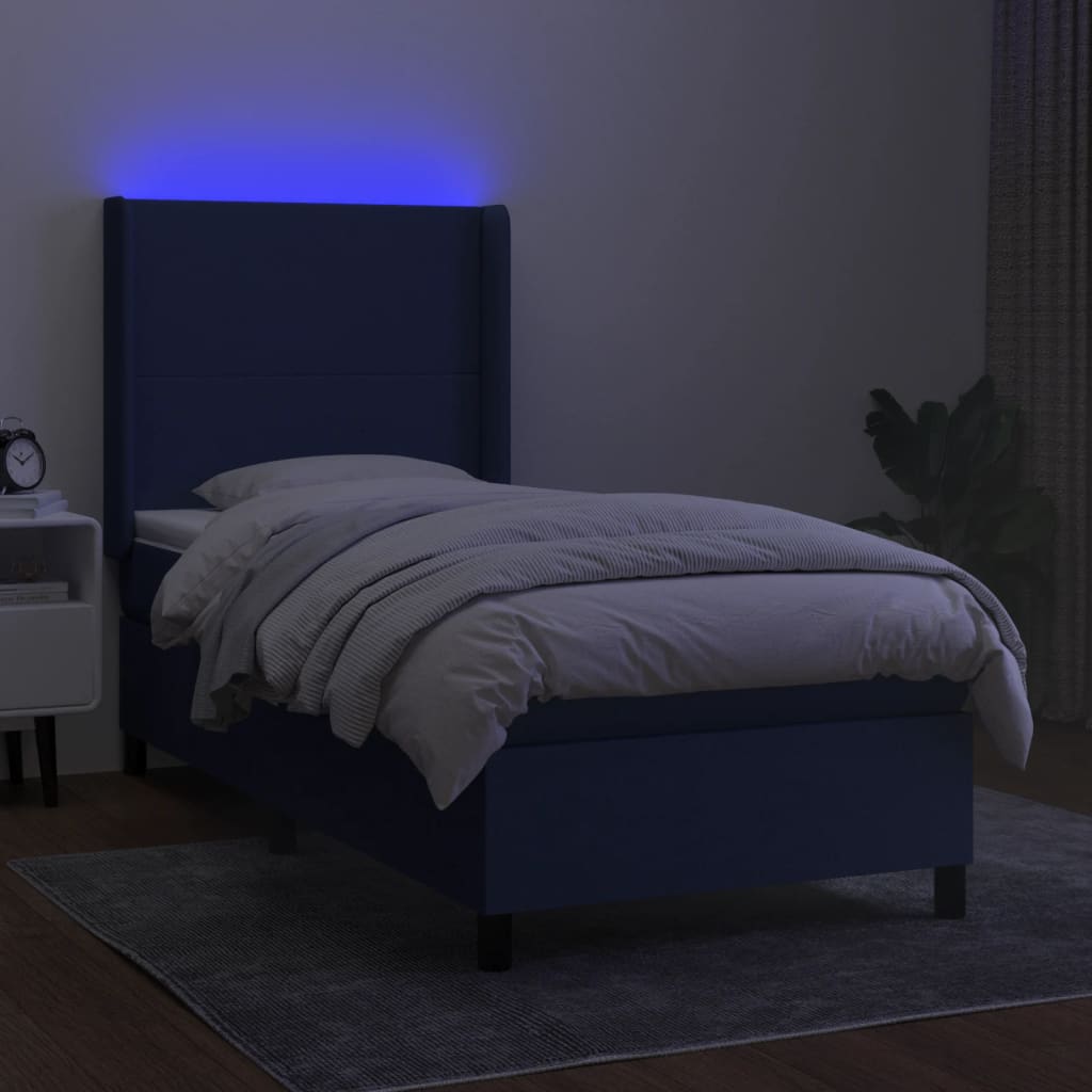 Sommier à lattes de lit matelas et LED Bleu 90x190 cm Tissu