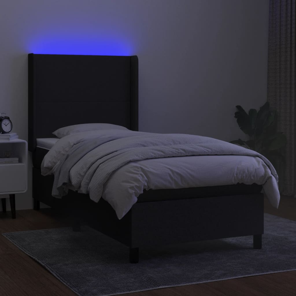 Sommier à lattes de lit matelas et LED Noir 90x200 cm Tissu