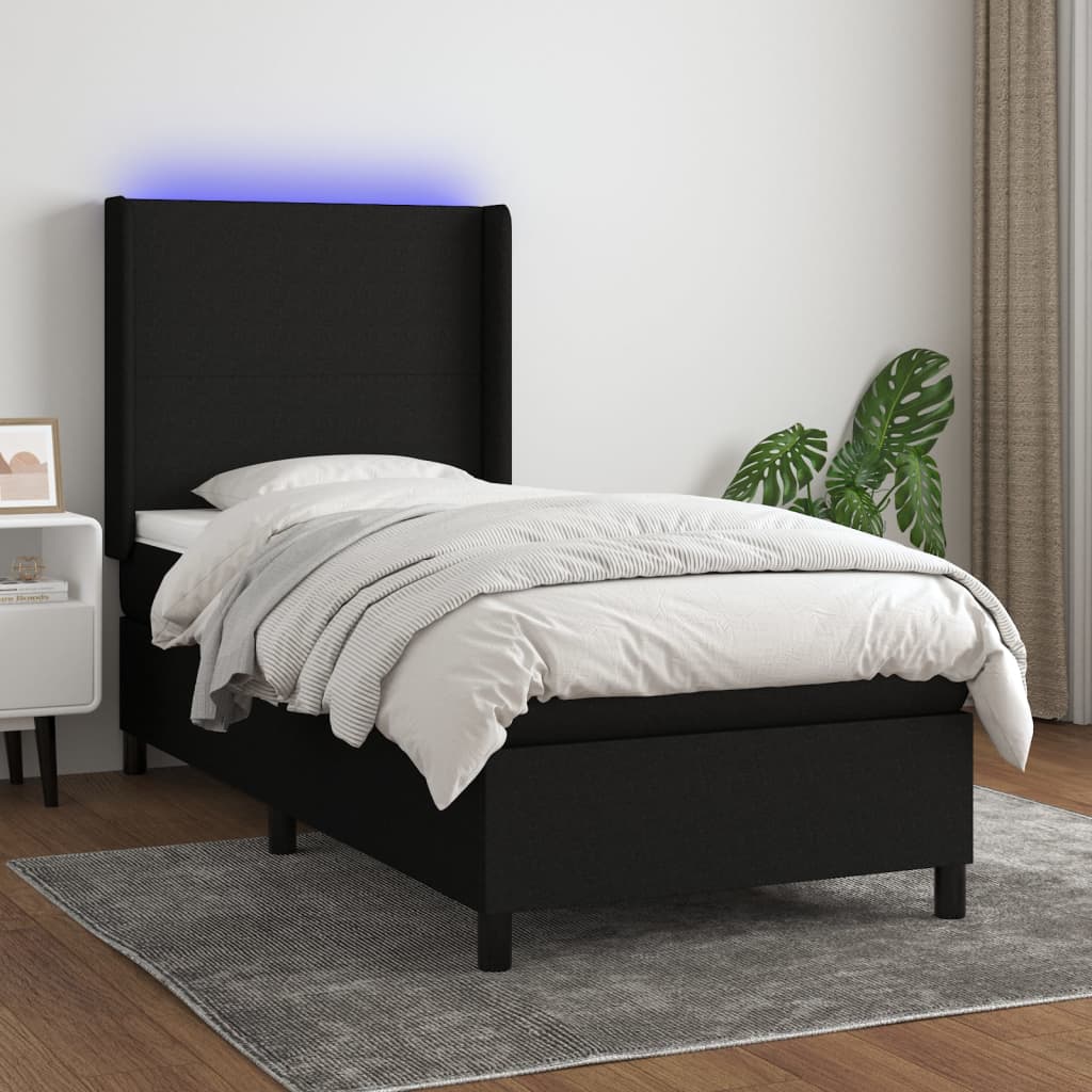 Sommier à lattes de lit matelas et LED Noir 100x200 cm Tissu