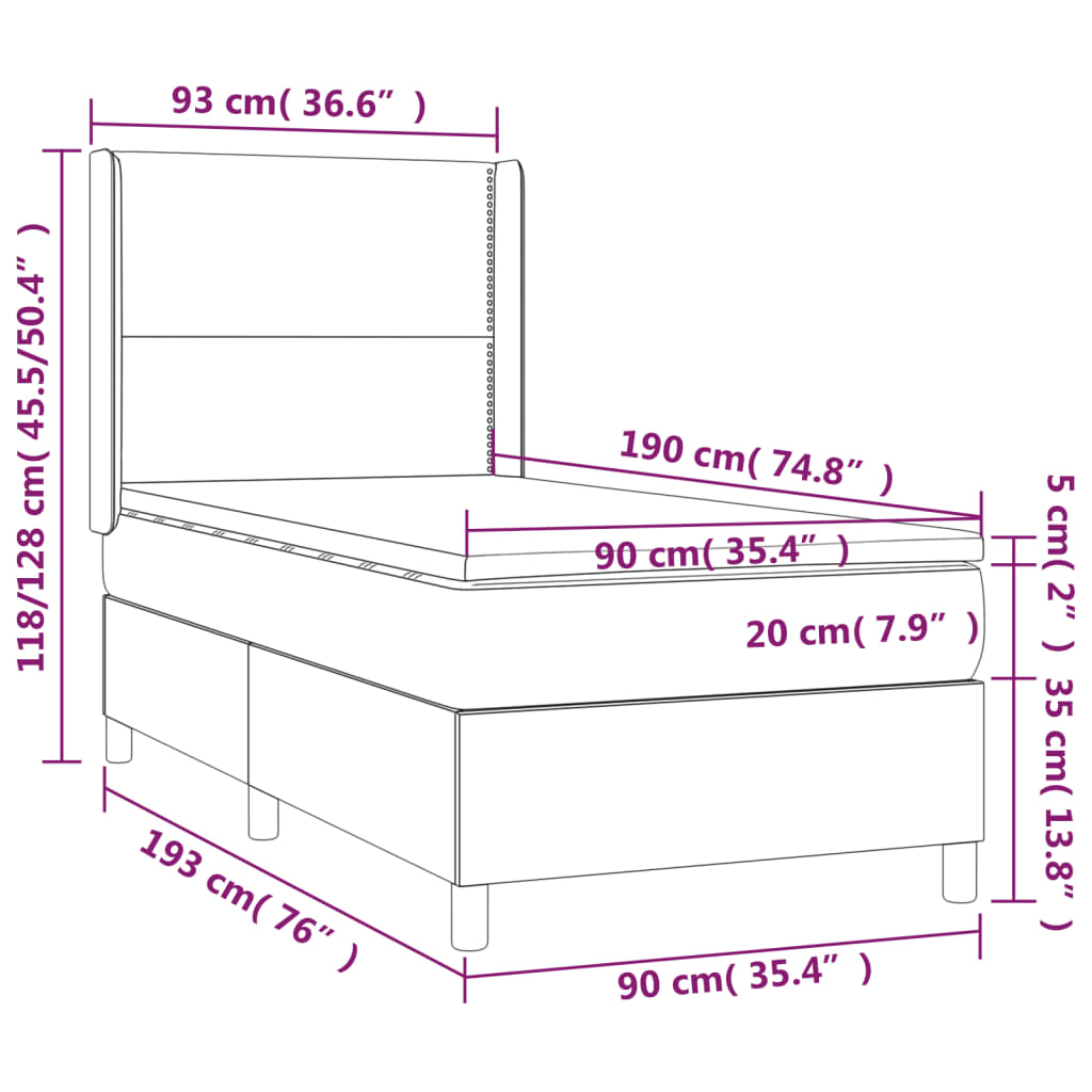 Taupefarbenes LED-Matratzenbett mit Lattenrost 90 x 190 cm. Stoff