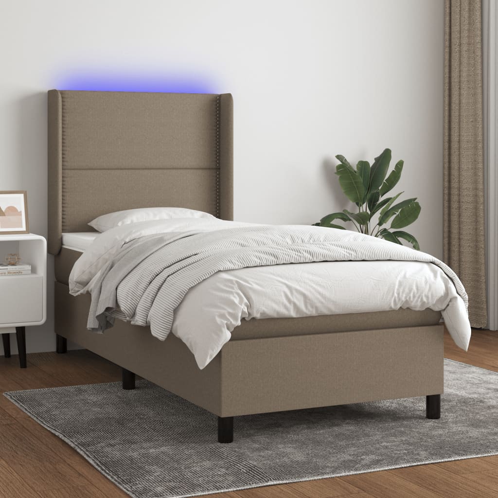 Taupefarbenes LED-Matratzenbett mit Lattenrost 90 x 190 cm. Stoff