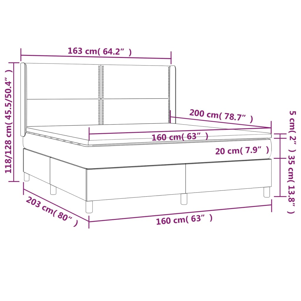 Bed slatted base LED mattress Light gray 160x200 cm Fabric