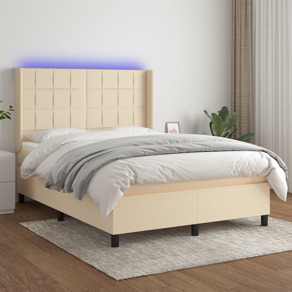 Bed slatted base mattress and LED Cream 140x190 cm Fabric