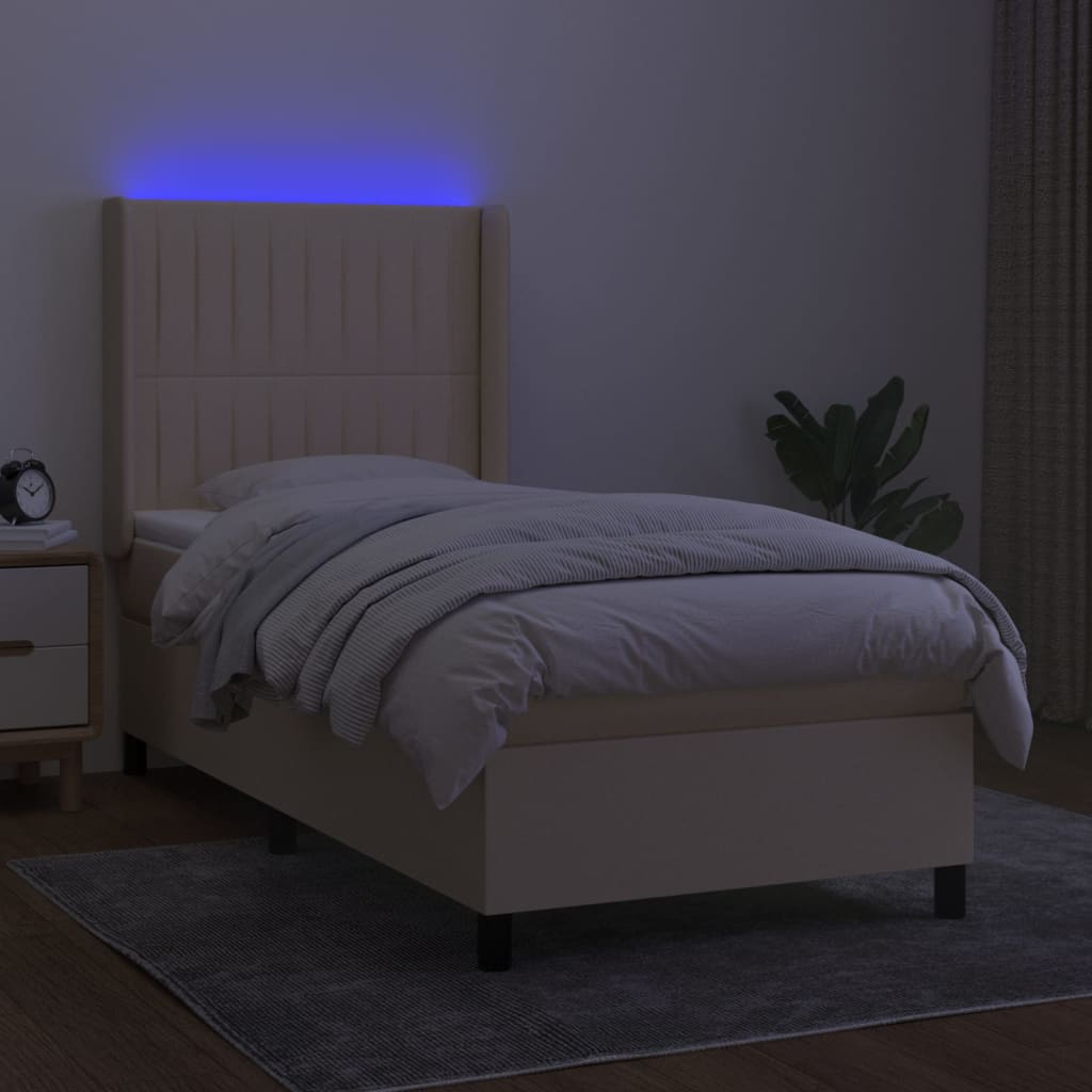 Sommier à lattes de lit matelas et LED Crème 90x190 cm Tissu