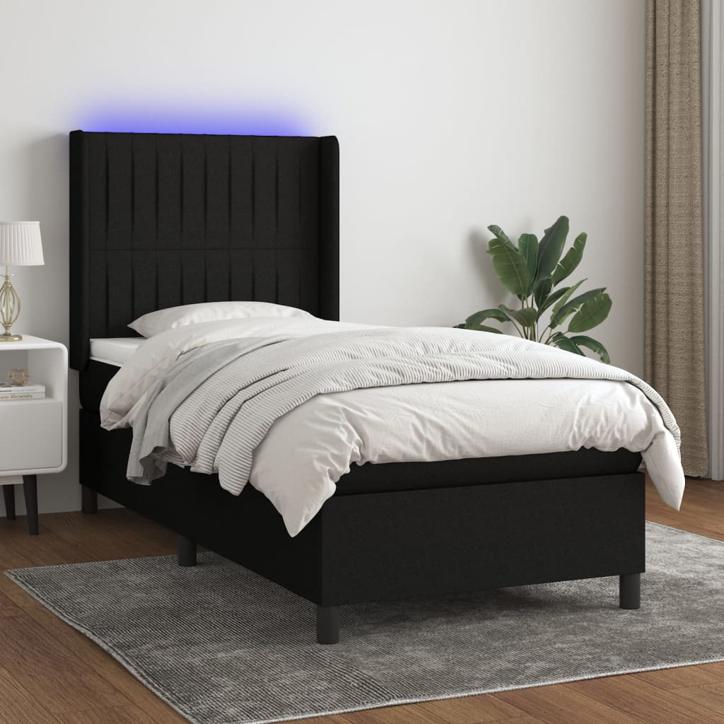 Bed slatted base mattress and LED Black 90x200 cm Fabric