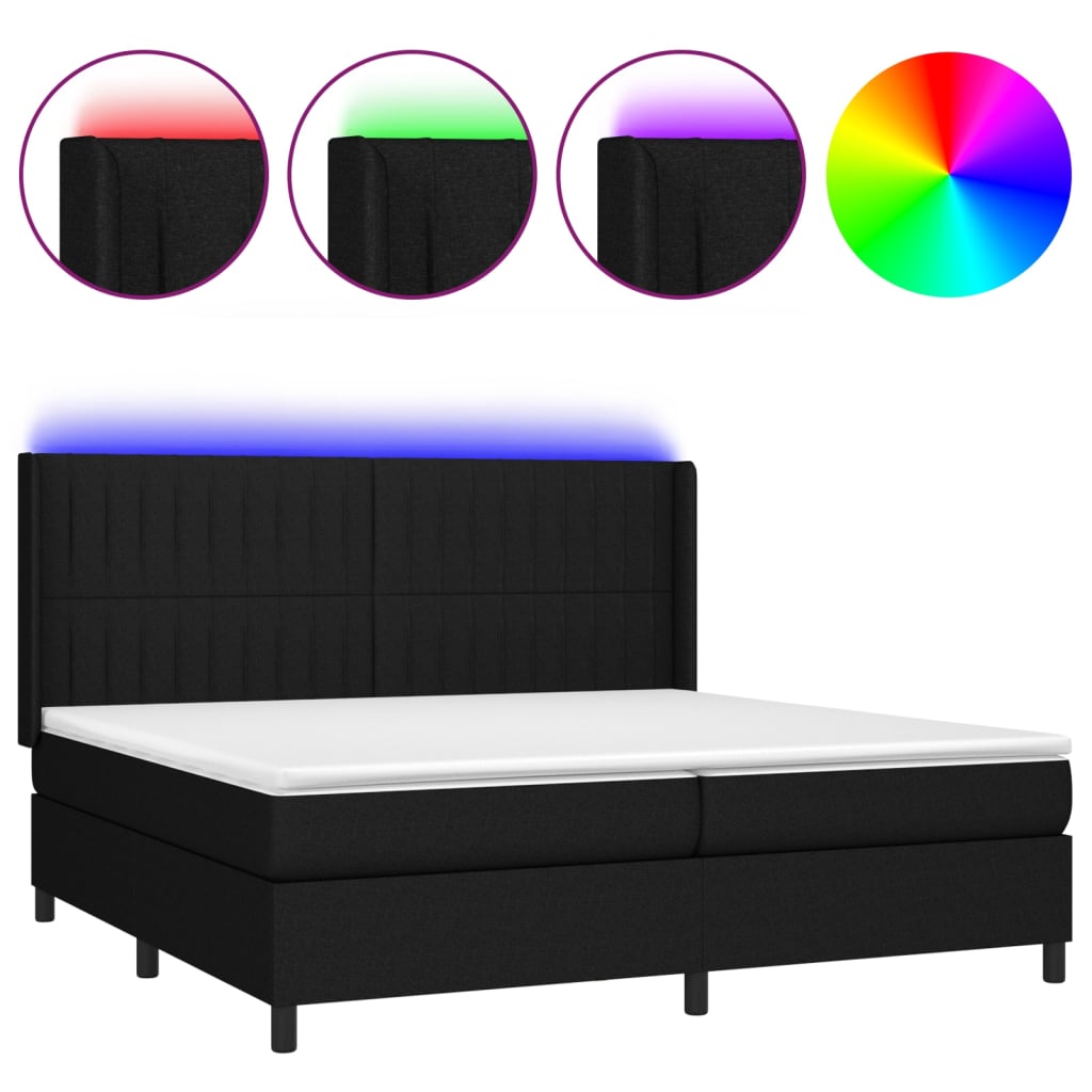 Sommier à lattes de lit matelas et LED Noir 200x200 cm Tissu