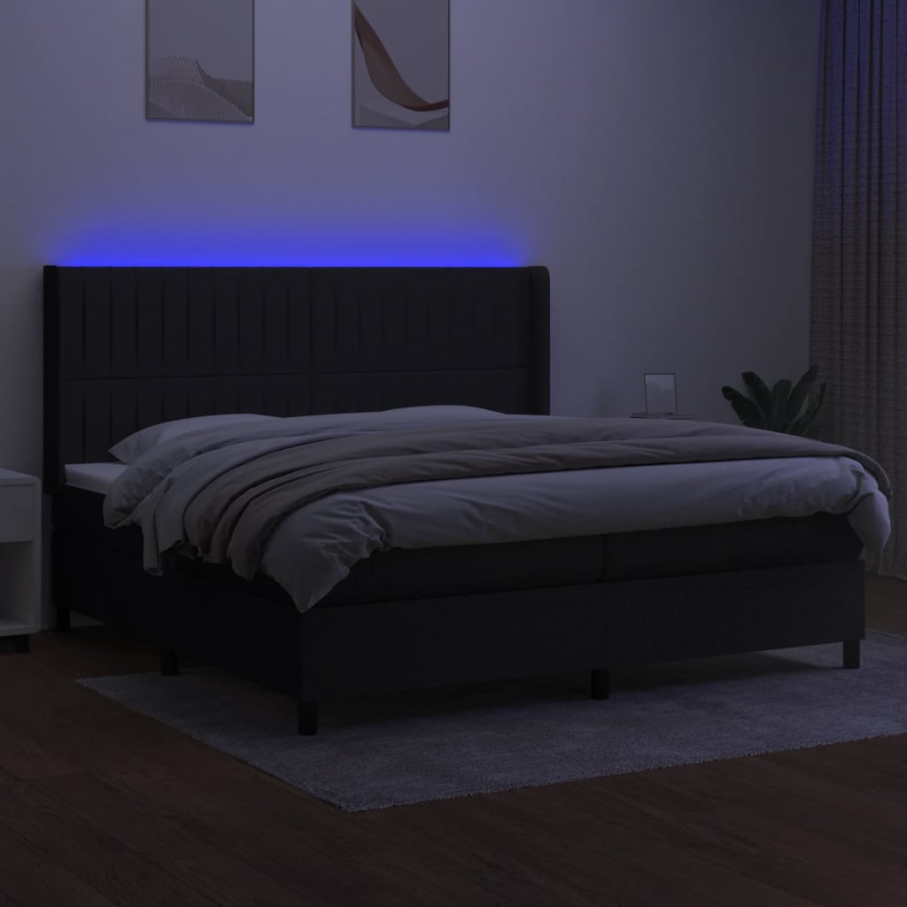 Sommier à lattes de lit matelas et LED Noir 200x200 cm Tissu