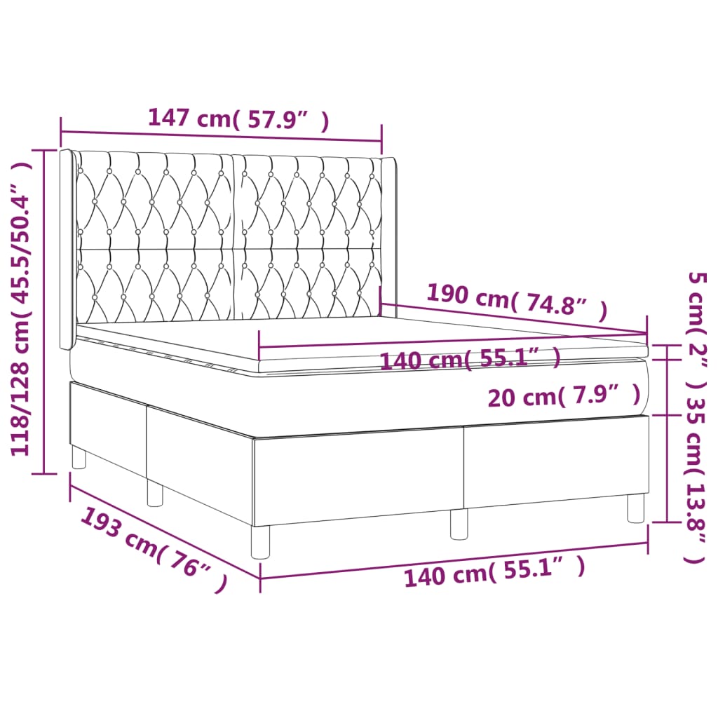 Sommier à lattes de lit matelas LED Gris foncé 140x190 cm Tissu