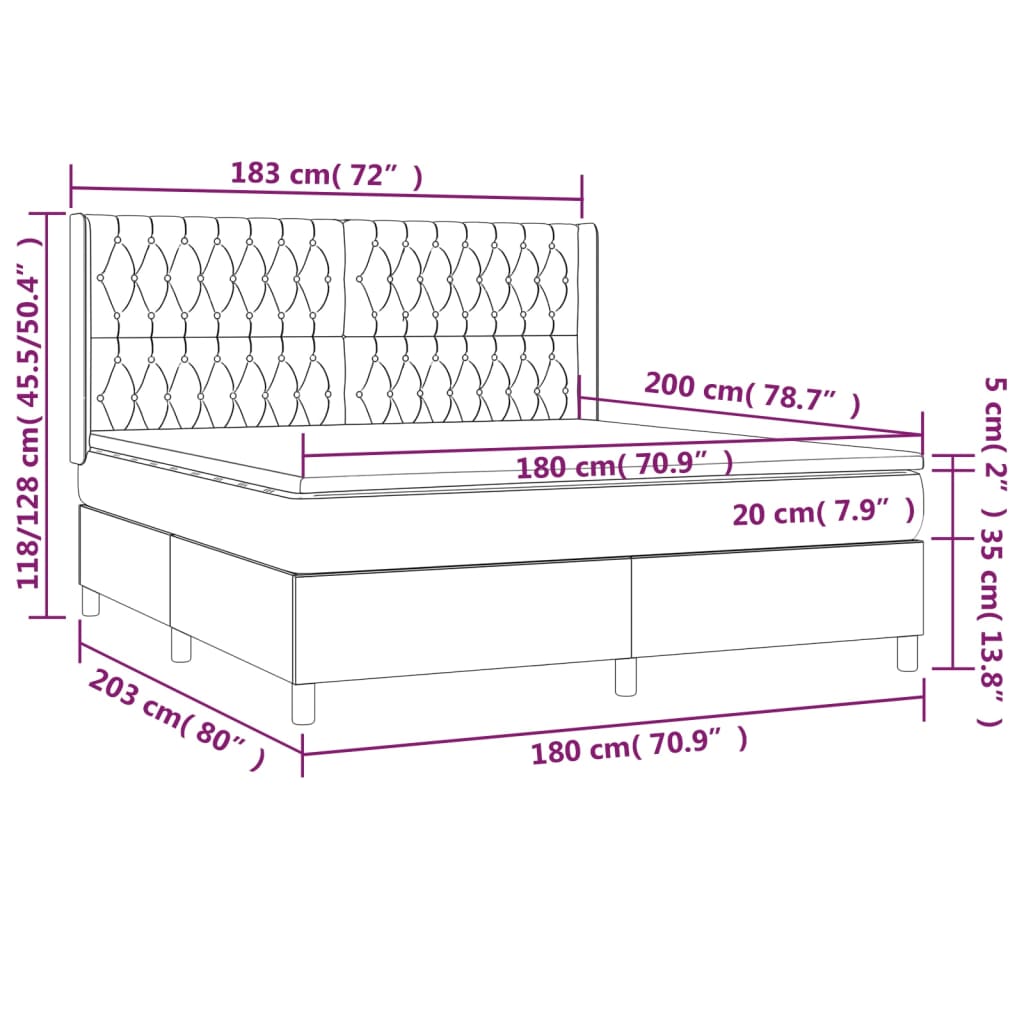 Sommier à lattes de lit matelas et LED Noir 180x200 cm Tissu