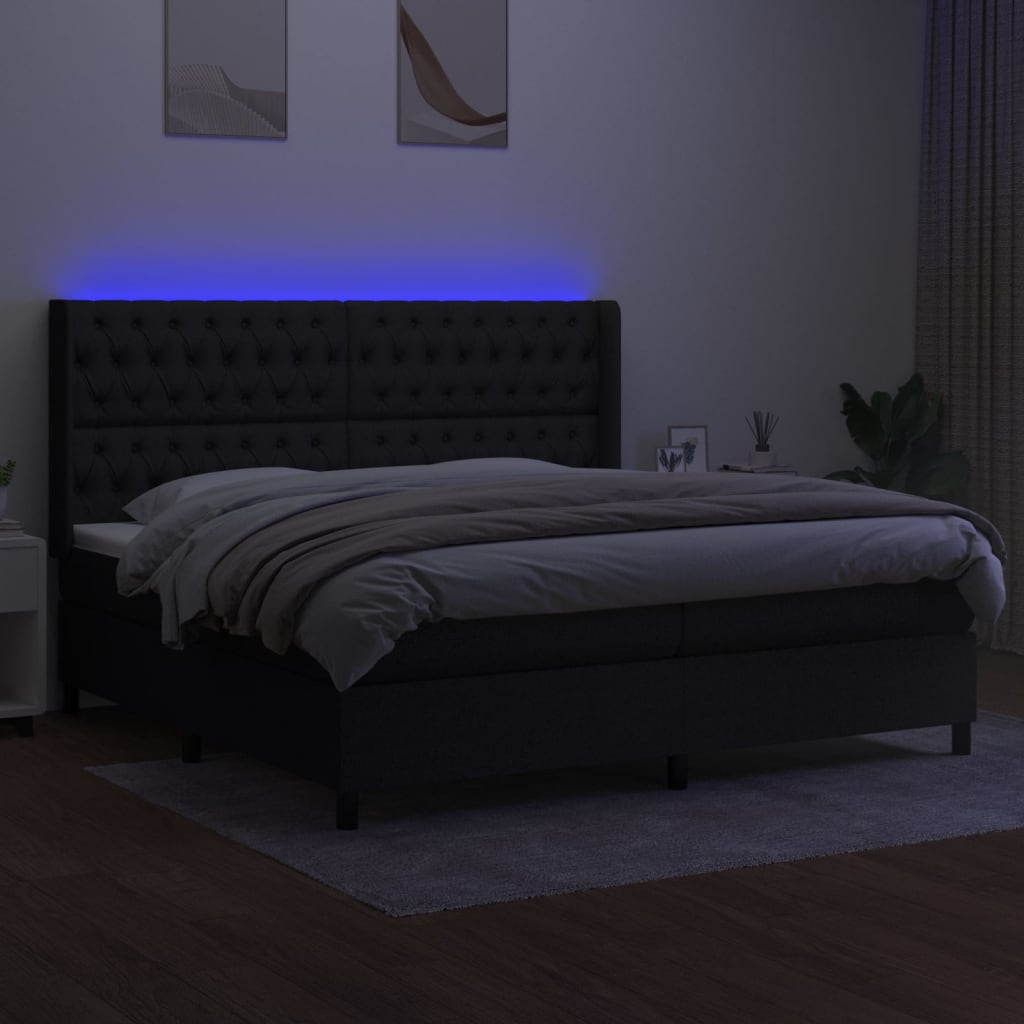 Sommier à lattes de lit matelas et LED Noir 200x200 cm Tissu