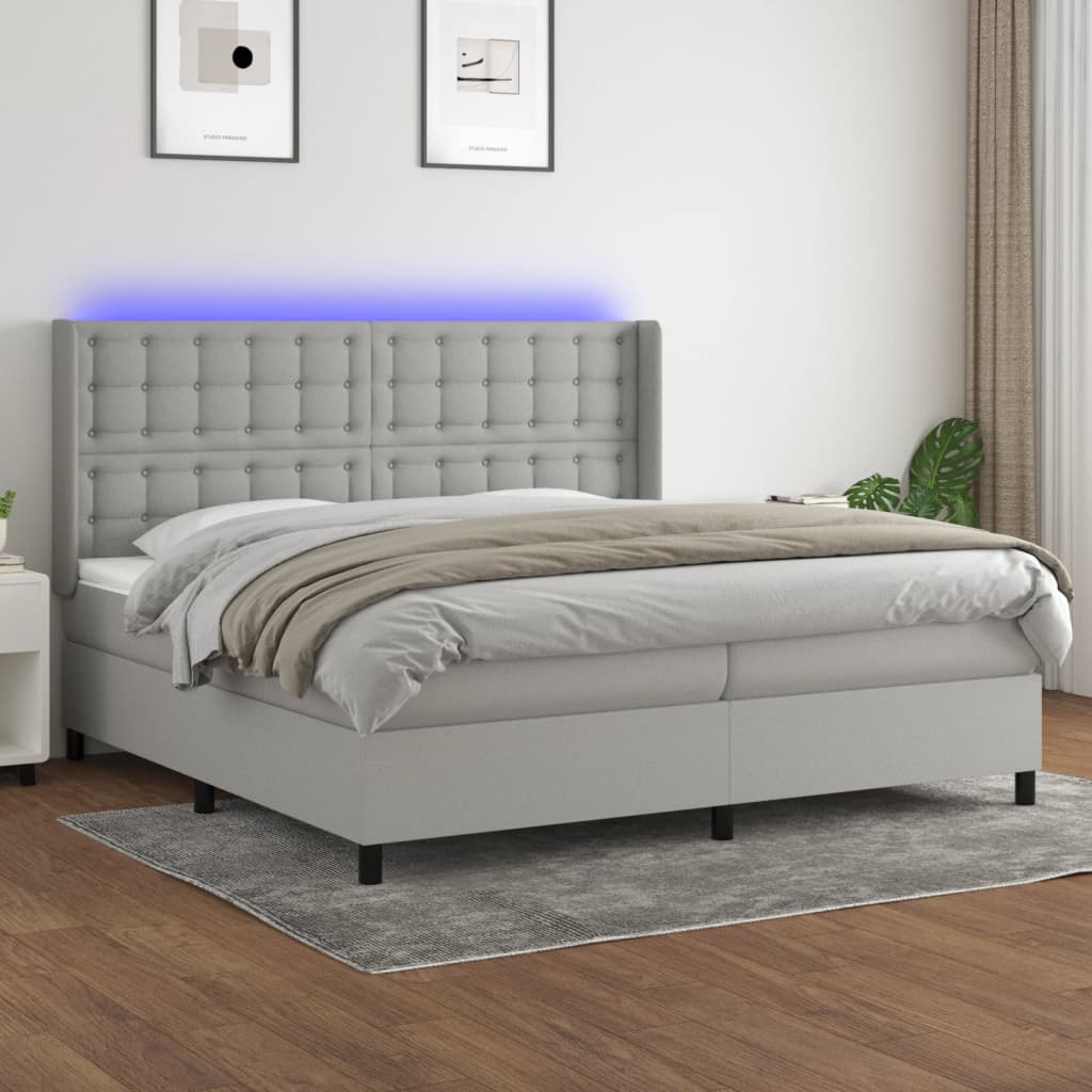 Bed slatted base LED mattress Light gray 200x200 cm Fabric