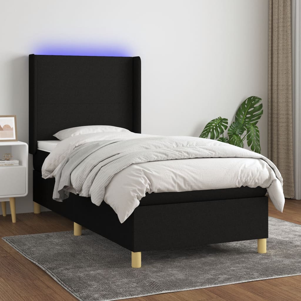 Bed slatted base mattress and LED Black 90x190 cm Fabric